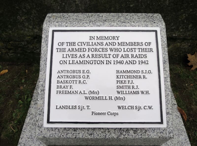 Bombing, Memorial to those who died in Leamington Spa in World War II